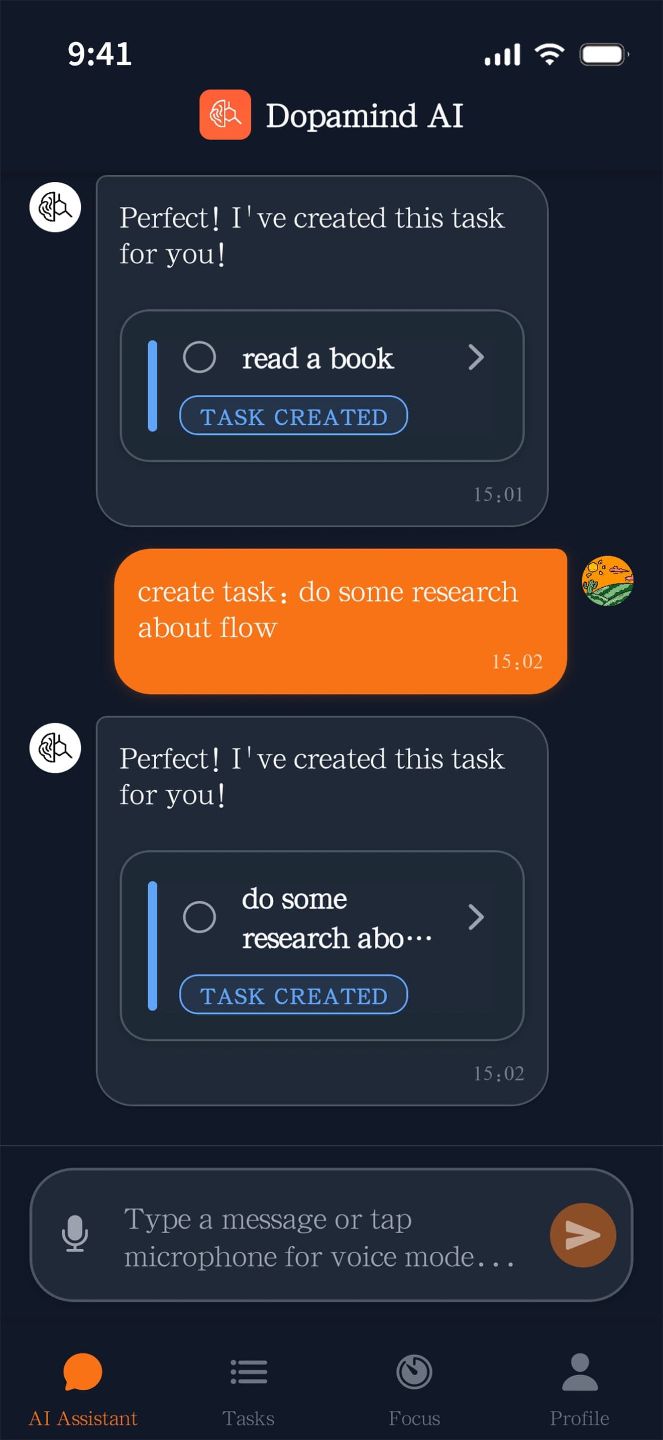 Dopamind AI-powered focus companion main interface for ADHD users